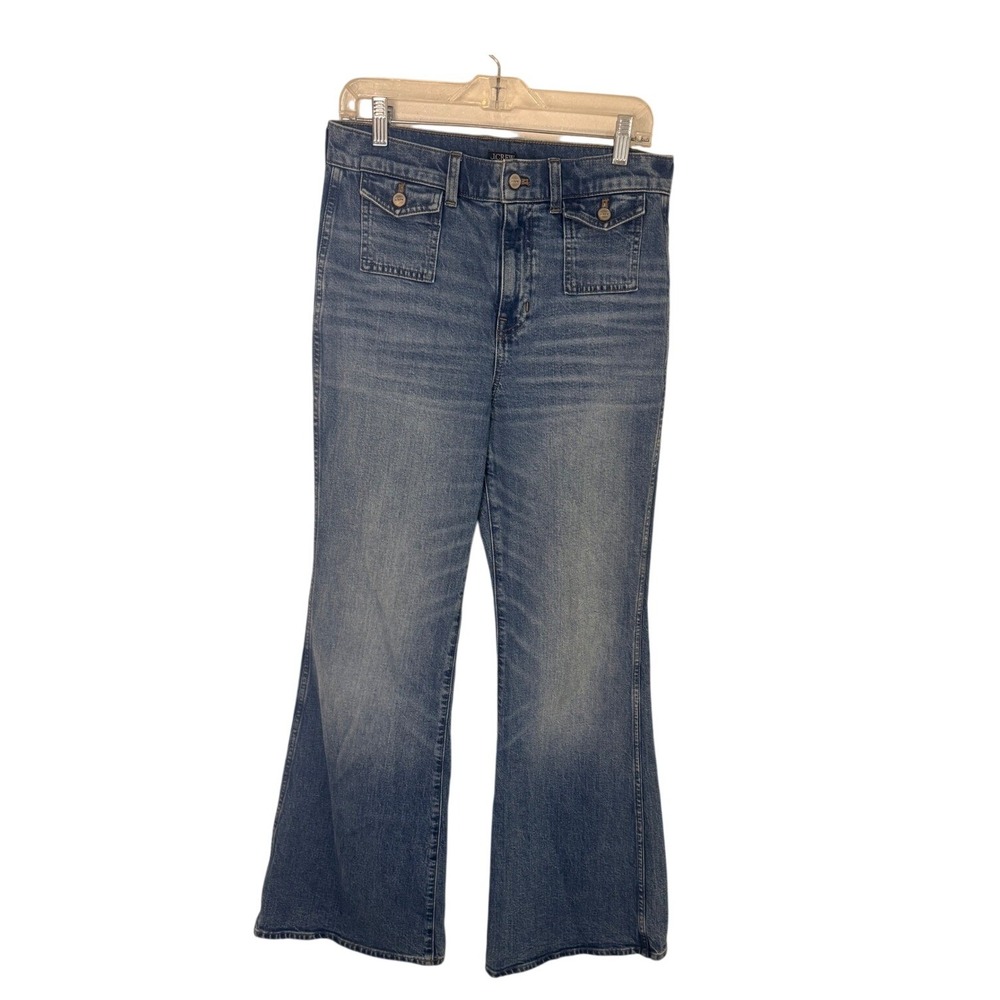 J.Crew High Rise Wide Leg Flare Jeans Front Button Pocket Medium Wash Size 28